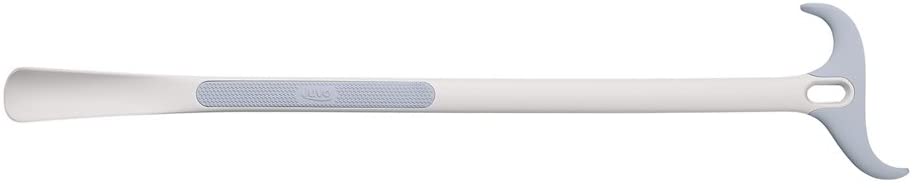 Juvo Dressing Stick laying horizontally. The stick is white and light blue with a shoe horn on one end and a "S"-style hook design on the other.