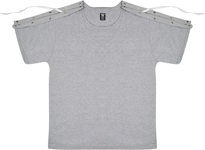 A front-view of a gray t-shirt. The sleeves have snaps running along the shoulders and there are white strings showing above the shoulders.