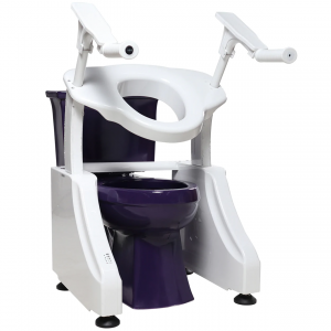 A dignity lift is facing forward. It is set over a purple toilet. The seat of the lift is in the up position.