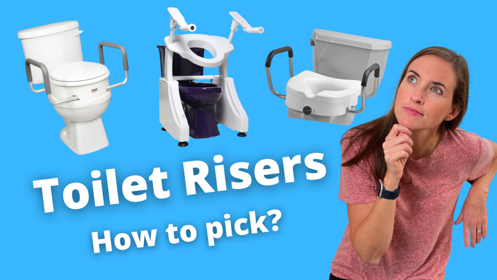 Lindsay is facing forward thinking. Three toilet seat risers are set against a blue background. The words "Toilet Risers...How to pick?" in white letters are shown