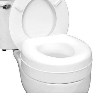 Set-on toilet seat riser set on a toilet. The toilet seat is raised.