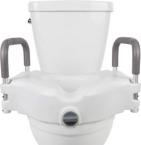 Looking at the front of a toilet with a clamp-on toilet seat riser installed on the toilet seat
