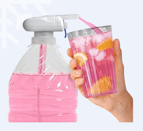 A bottle of pink liquid is being dispensed via an electric, push-button dispenser into a cup.