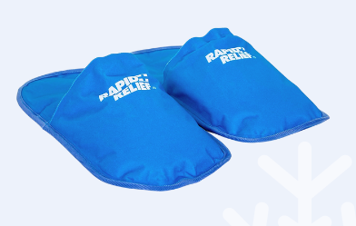 A pair of blue slippers are facing forward angled to the left. The name "rapid relief" is written on top of them.