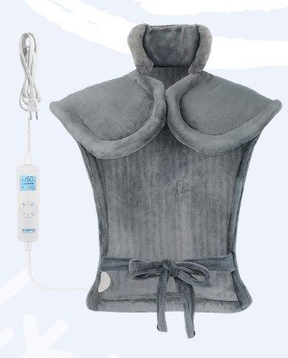 A gray shoulder heating pad faces forward against a light blue background. On the left is a charging cord with inline remote with digital display.