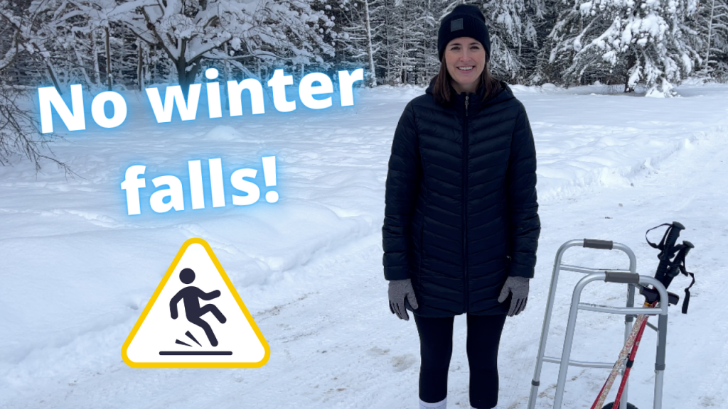 A smiling woman dressed in winter clothing stands on a snow-covered landscape with trees in the background. She's next to a walker equipped with winter attachments to prevent slipping on ice. Large text overlay reads 'No winter falls!' and a yellow caution sign with a pictogram of a person slipping is also present, emphasizing safety measures to prevent falls during winter.