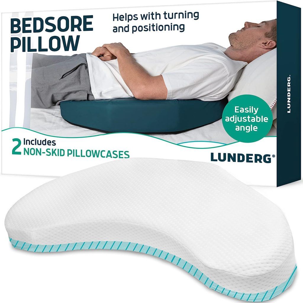 This image features a product advertisement for the 'Lunderg Bedsores Pillow,' a specialized pillow designed to help with turning and positioning to prevent and treat bedsores. In the top portion of the image, a man is lying on his side in a bed with the dark teal, wedge-shaped pillow placed under his back. He is wearing a white T-shirt and grey pants, with only the upper half of his body shown. The text emphasizes that the pillow helps with turning and positioning and includes two non-skid pillowcases. Below is a close-up of the pillow itself, showcasing its curved, ergonomic shape with a dotted teal line accenting its contoured edge. The text on the side also highlights that the pillow has an easily adjustable angle. The branding 'LUNDERG' is prominently displayed in the bottom right corner.