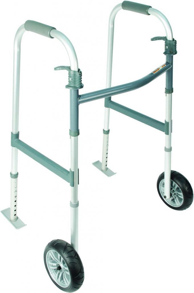 The image displays a dual-function walker with wheels designed for aiding mobility. The front view shows a sturdy, light grey metal frame with two large wheels attached to the front legs. The back view reveals a pair of adjustable, non-wheeled legs with rubber tips for stable support. The walker features comfortable hand grips and clearly visible push-down brakes on the handles. Its height can be adjusted as indicated by the multiple holes along the sides of the frame, allowing for customization to the user's preference - How to Avoid Slips and Falls on Ice: Essential Winter Safety Tips