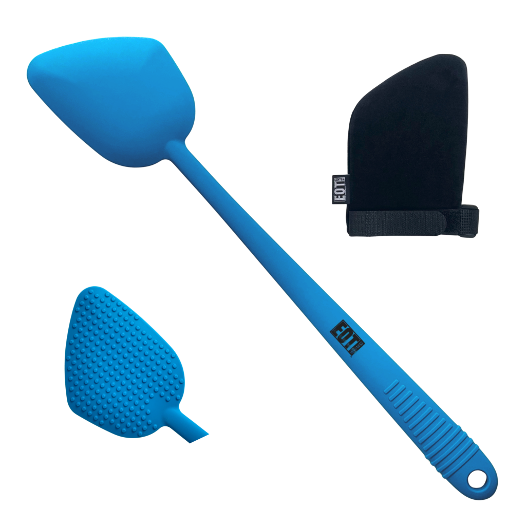 EOT Wellness blue silicone lotion applicator with ergonomic handles, accompanied by a black mitt.
